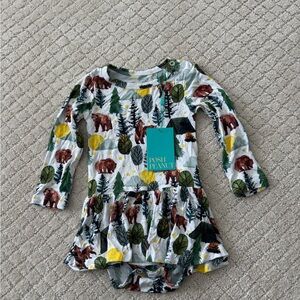 NWT Posh Peanut White Dress with Green, Brown & Yellow Forest Print Bears